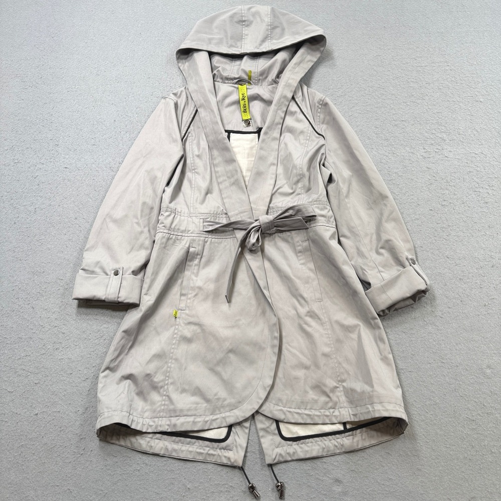 Soia & Kyo Trench Coat Womens Medium Gray Hooded Wrap Belted Lightweight Outdoor